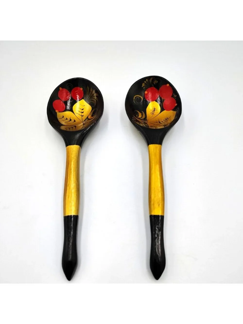 Hand Painted Wooden Serving Spoon Set Khokhloma Style Red Berries Folk Art Pair